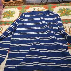 Polo by Ralph Lauren Men's Blue and White Striped Crewneck Sweater